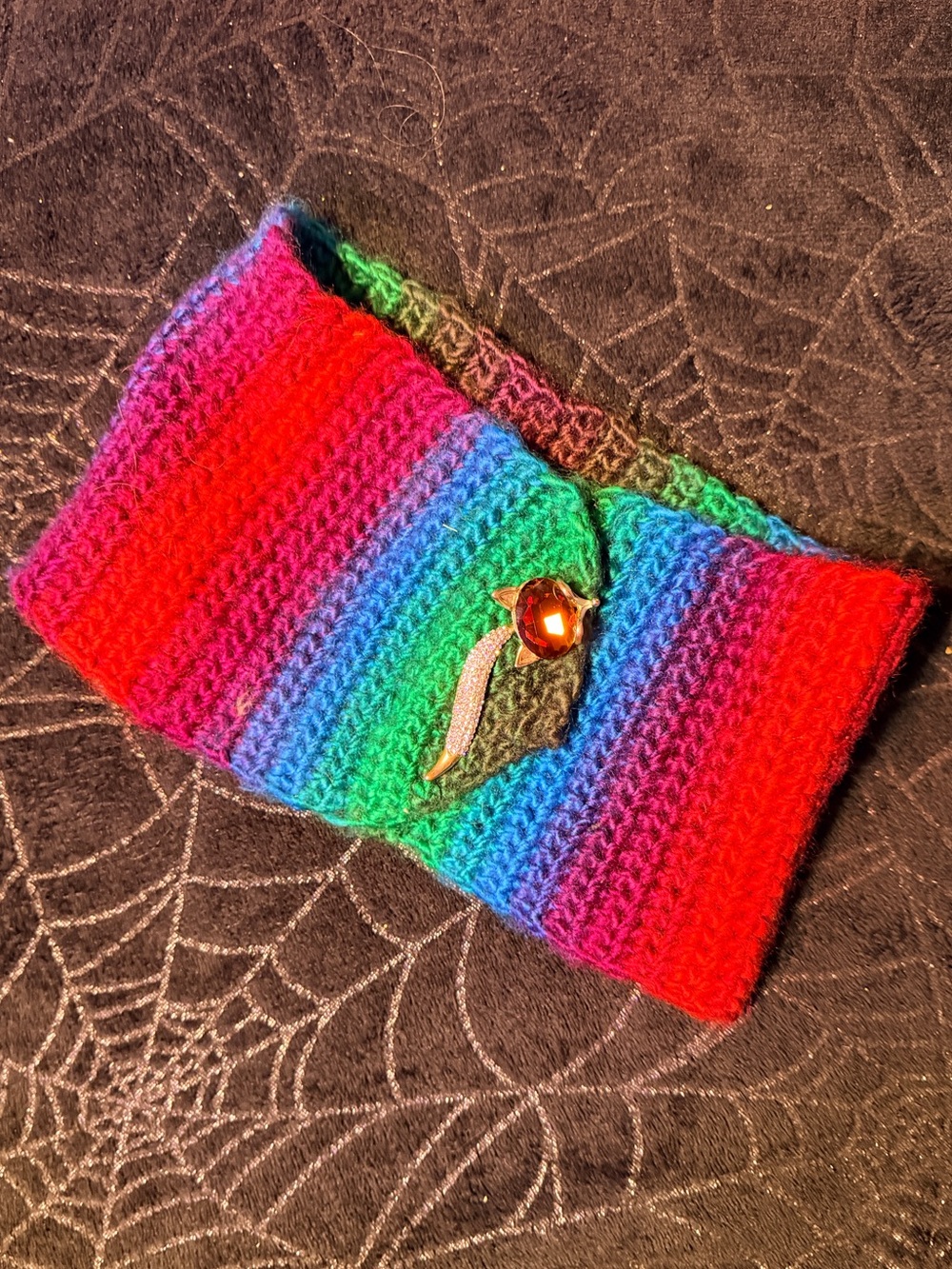 Handmade Rainbow Knit Headband with Decorative Fox Gem